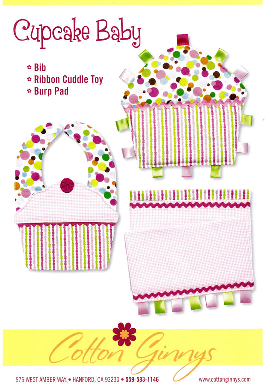 Cupcake Baby Bib, Ribbon Cuddle Toy and Burp Pad Sewing Pattern - Nonna's Notions N' Sew On